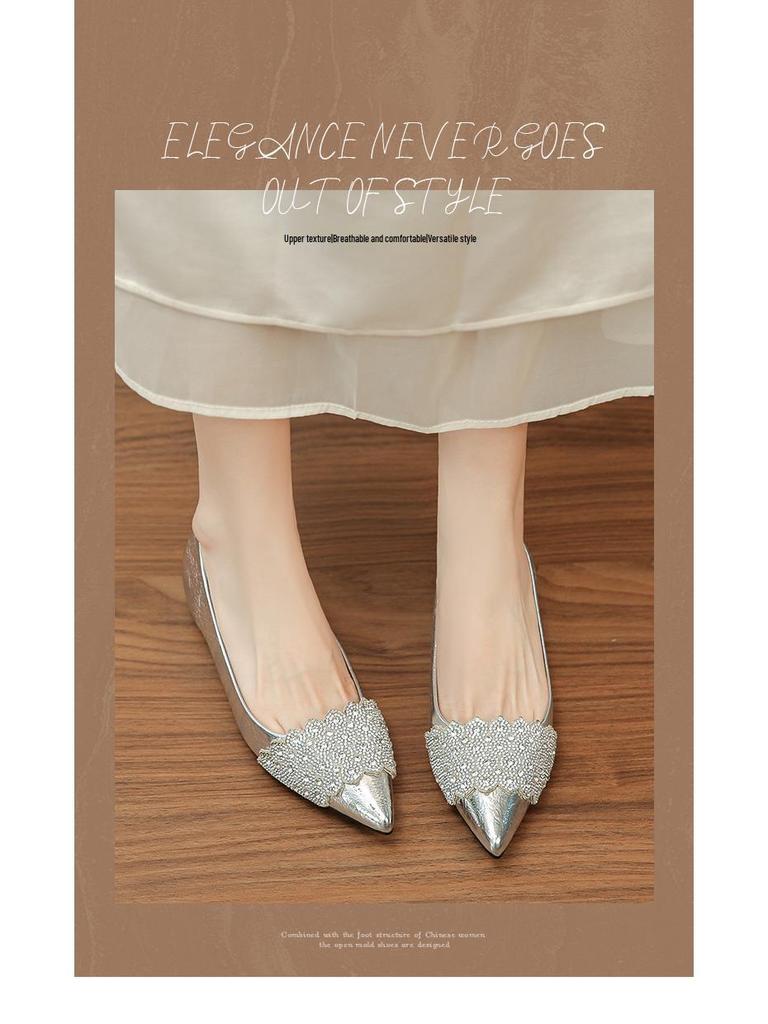 2025 Autumn Silver Rhinestone Pointed Toe Low-Cut Women's Shoes - 5CM Hidden Heel, Comfortable Fit