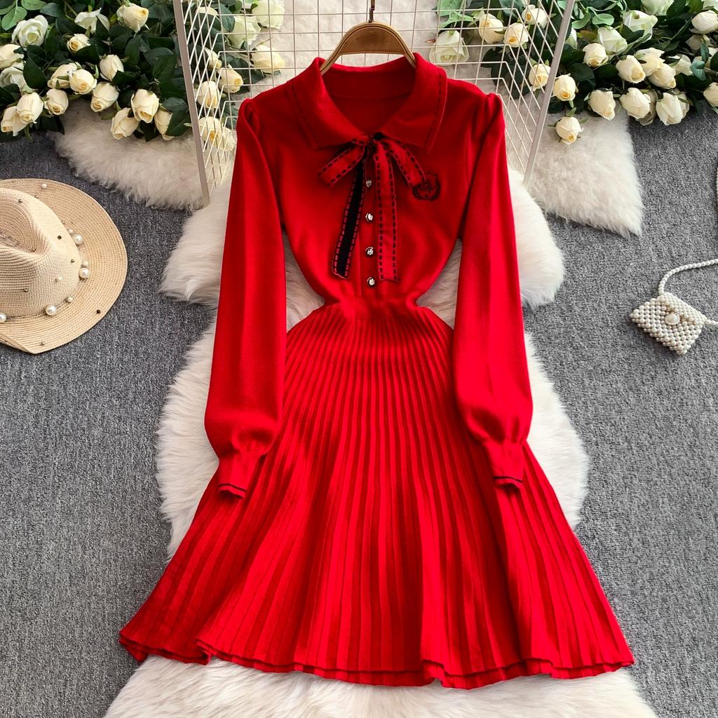 Spring Autumn Women College Stle Polo Color Full Sleeve Bowtie Knitted Sweater Mini Short Pullover Pleated Dresses