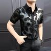 Men's Sheer Mesh Floral Embroidered Button Down Shirt Casual Slim Fit Streetwear Top