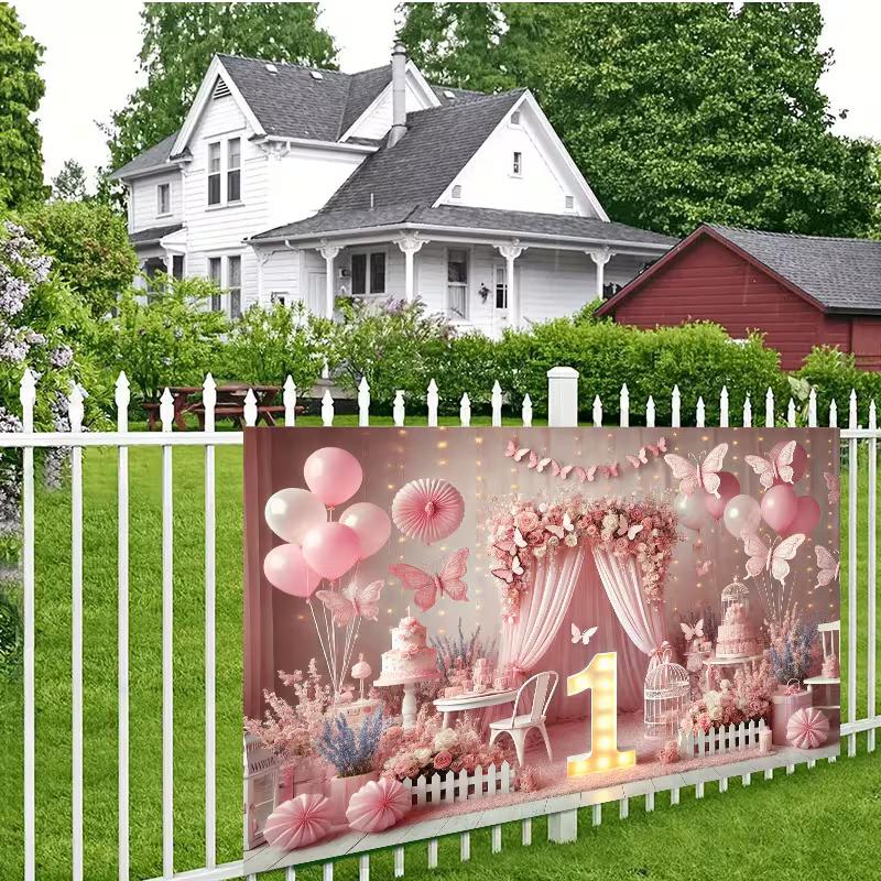 

2D Dreamy Pink Party Backdrop with Cakes & Flowers First Birthday Photo Booth Background 47.2x31.5inch/120*80cm