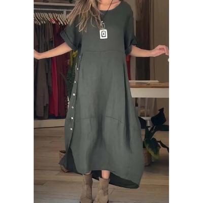 New Fashion Printed Daily Versatile Women'S Summer Loose And Casual Solid Color Cotton And Hemp Long Dress