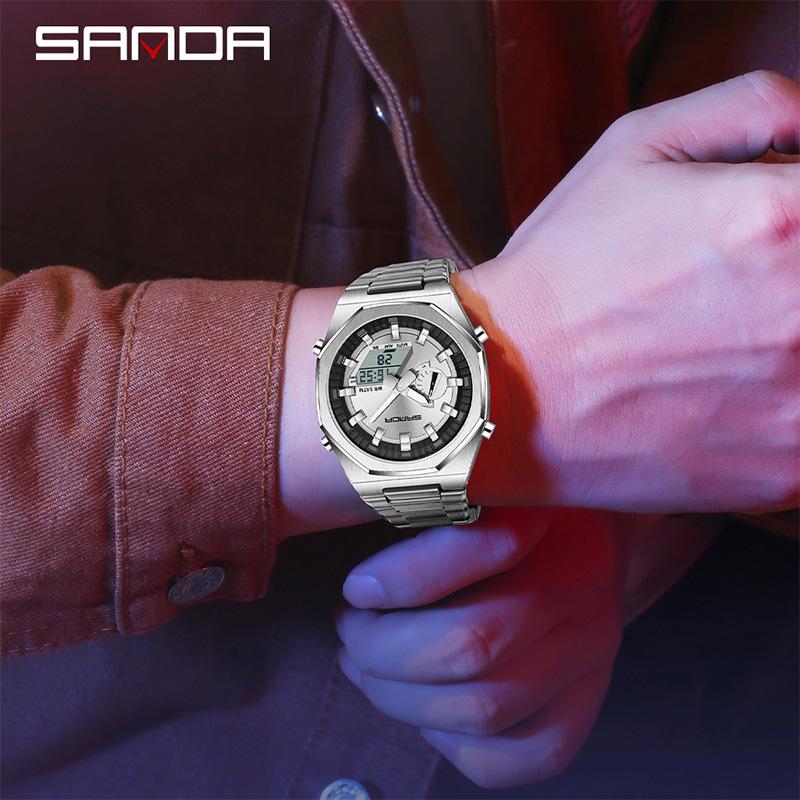 Sanda Men's Octagonal Oak Digital Watch with Dual Display and Daylight Saving Time