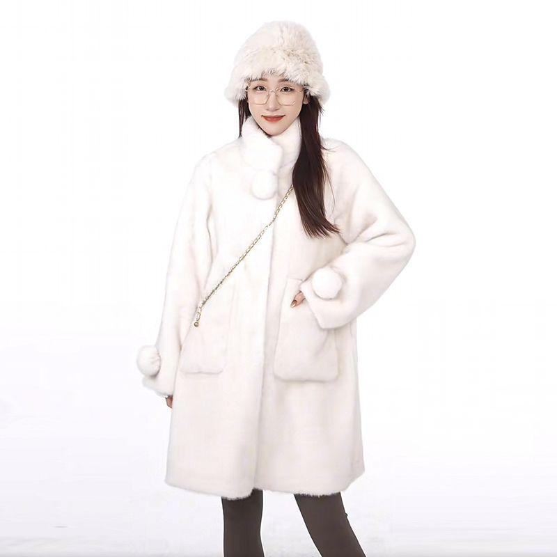 Lussuoso cappotto invernale da donna con collo alto e rifiniture in pelliccia di visone - Giacca lunga in lana