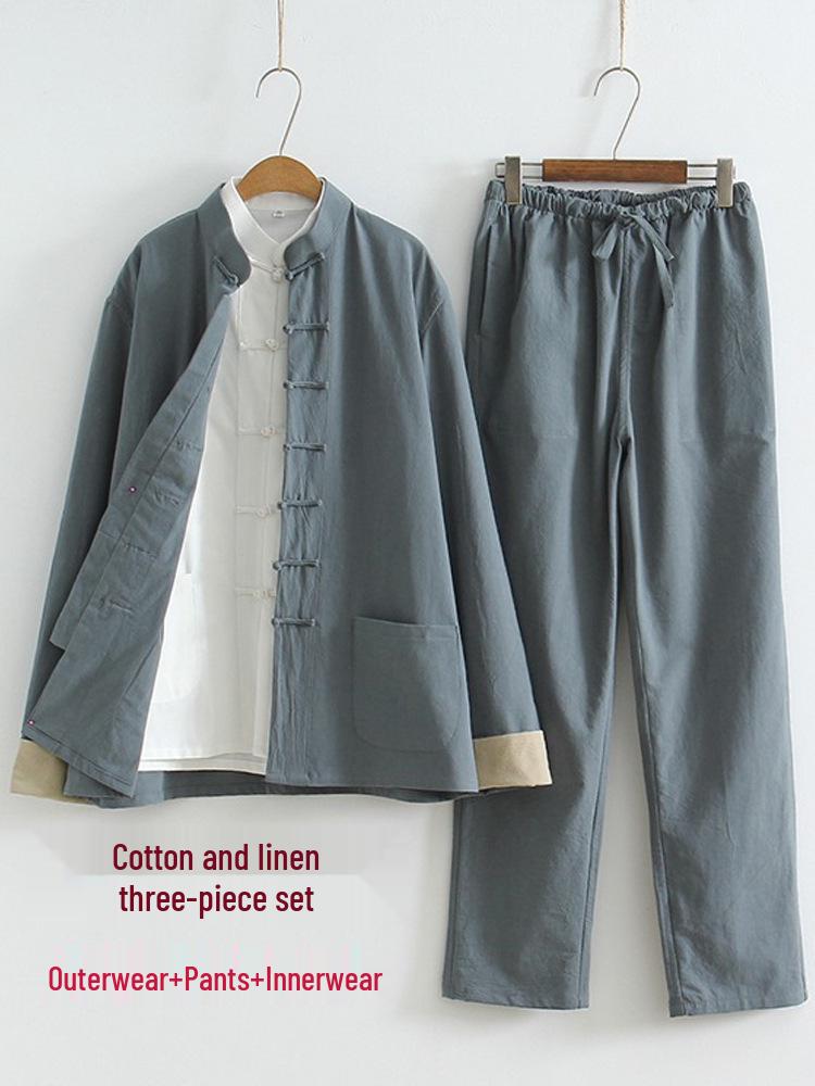 Herren Chinesischer Tang-Anzug: Frühlings-/Herbst-Baumwoll-Leinen-Set mit Froschknöpfen - Retro Mönch Teezeremonie Hanfu Robe.