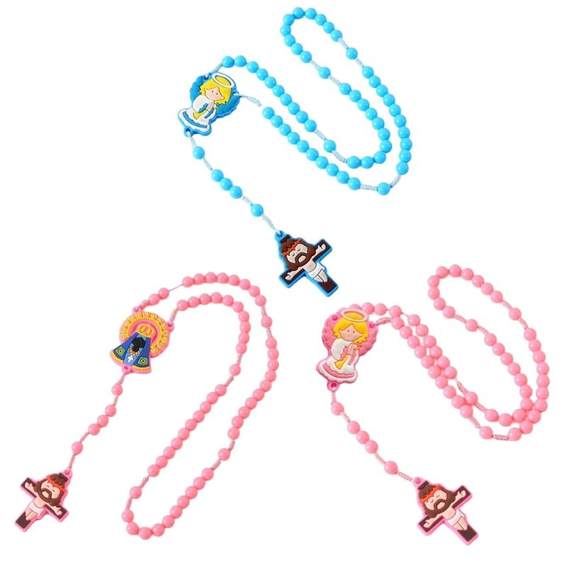 2 Pack Religious Gift Set for Catholic Children Prayer Beads Rosary Necklace Including Medals and Crosses Pendant Charm