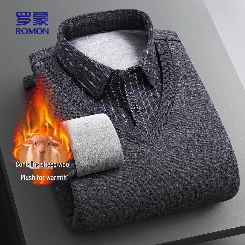 ROMON Men's Fleece-Lined Wool Blend Knit Shirt Collar Sweater