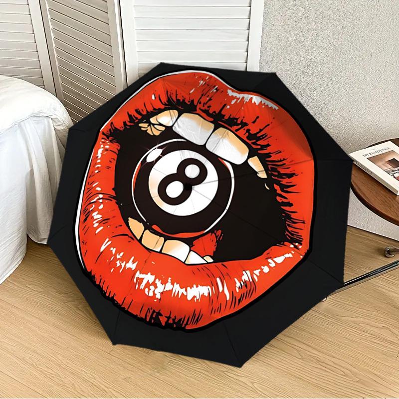 1PC Lips Eight Ball Automatic Folding Umbrella - Compact 8-Rib Design, Durable Plastic & Iron, Lightweight for Outdoor Daily Use, Festive Gift042
