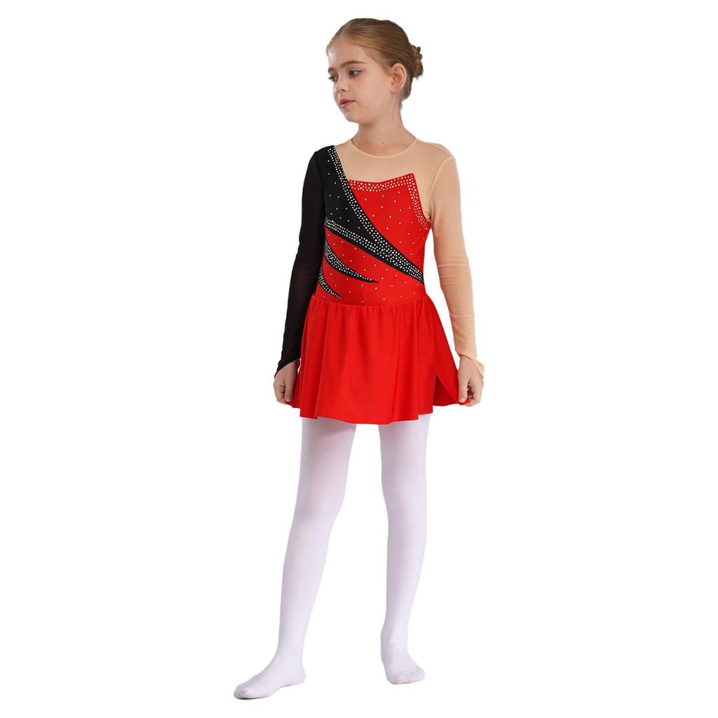 Rochie de patinaj cu mânecă lungă pentru fete, guler rotund, culoare contrastantă, stras, spate gol, costum de dans