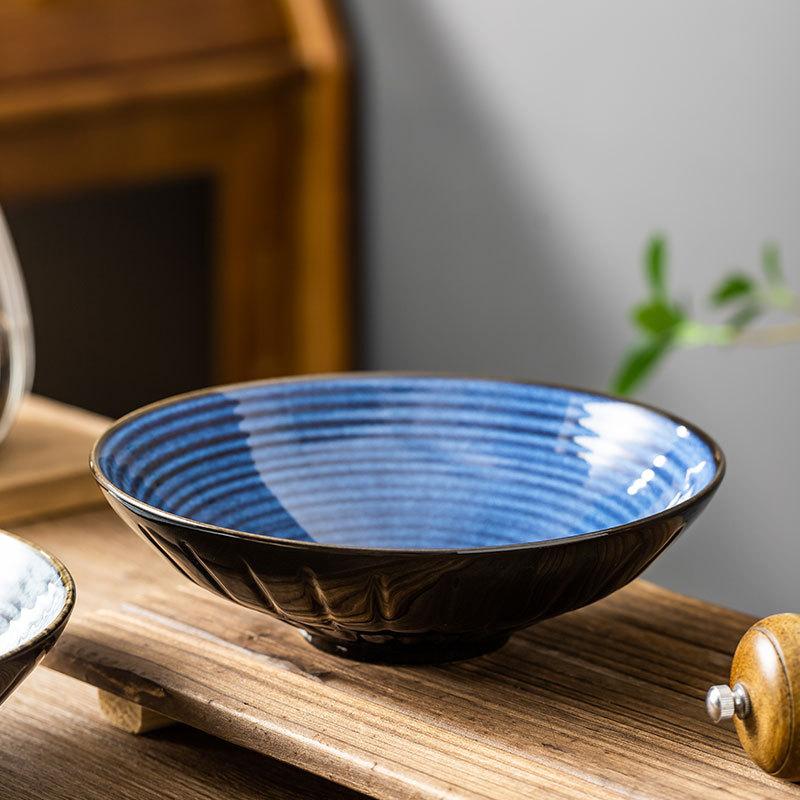 Japanese Retro Ceramic Ramen Bowl Stripes High Appearance Level Cooking Bowl Large Caliber Salad Bowl