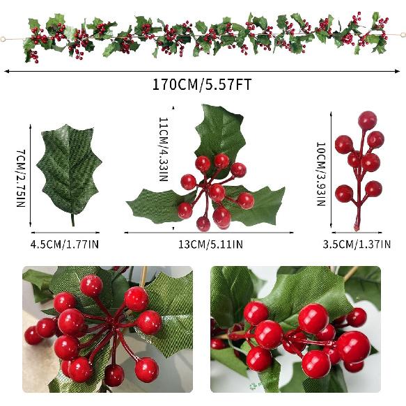 2 Pack Christmas Garland Decorations Clearence, 11Ft Holly Leaves with Red Berry Garland for Christmas Tree Staircase Mantle Indoor Outdoor Holiday
