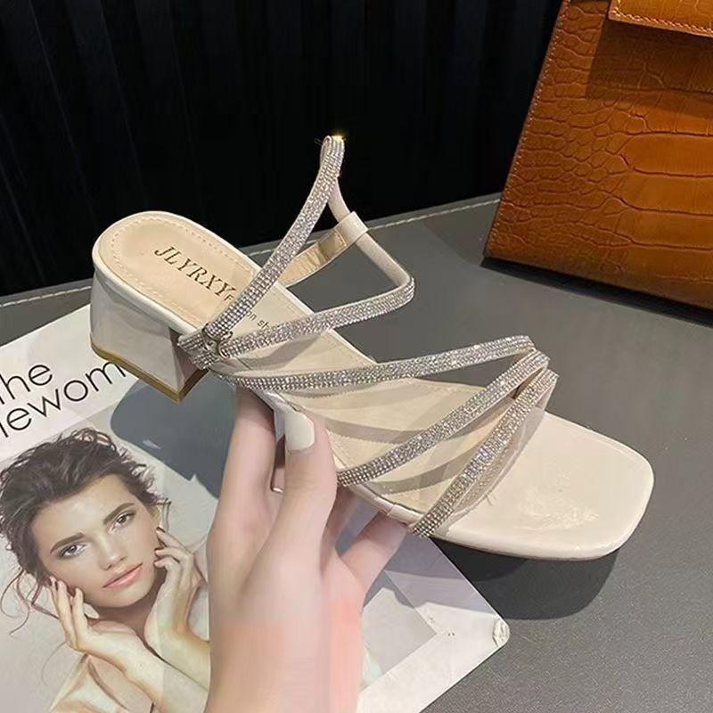 Fashion French chunky-heeled rhinestone flip-flops for two in 2025 summer, a new style of fashionable and elegant sandals