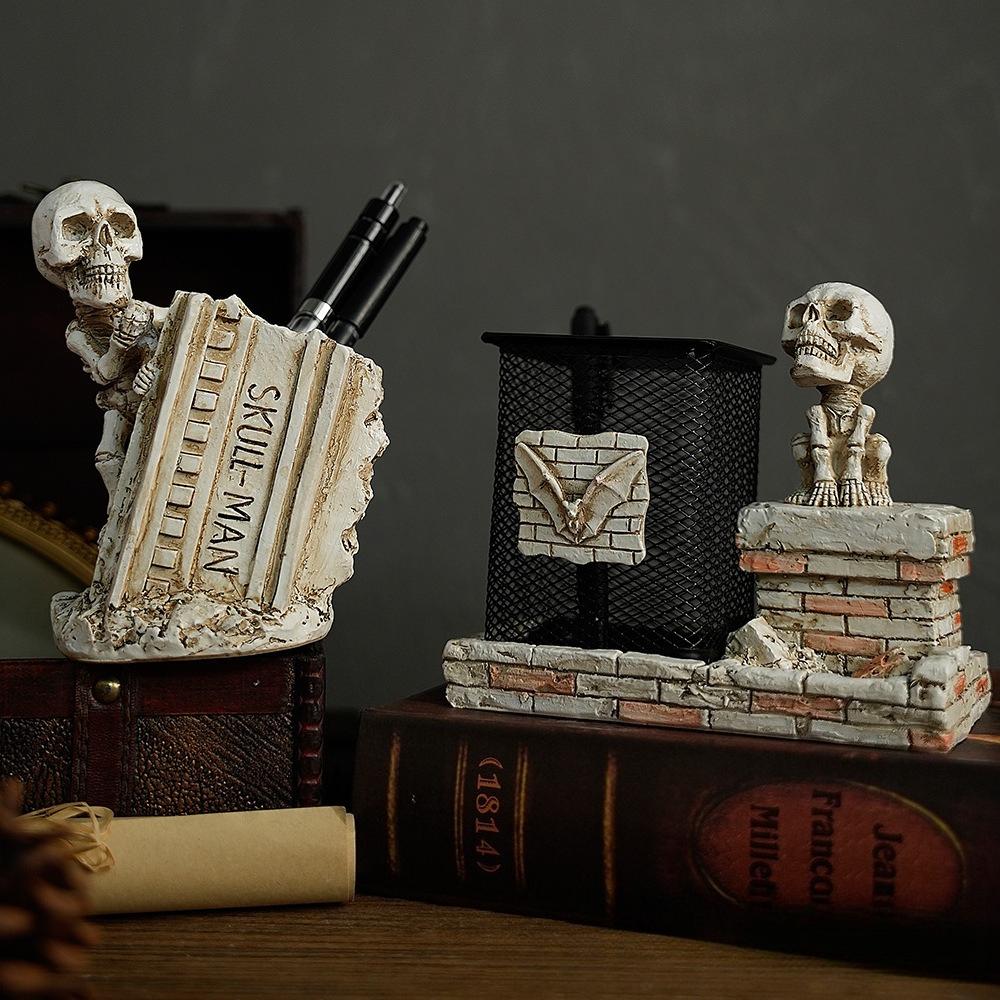 Creative Halloween Skull Pen Container, Spider Man Theme Desktop Ornament, Home Office Pencil Holder Decor