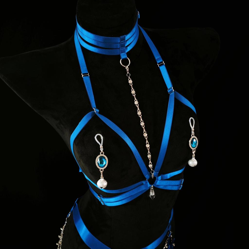 Blue Satin Body Harness with Rhinestone Chains Nipple Clamps Full Set Adjustable Lingerie Harness for Women Intimate Wear Sextoy