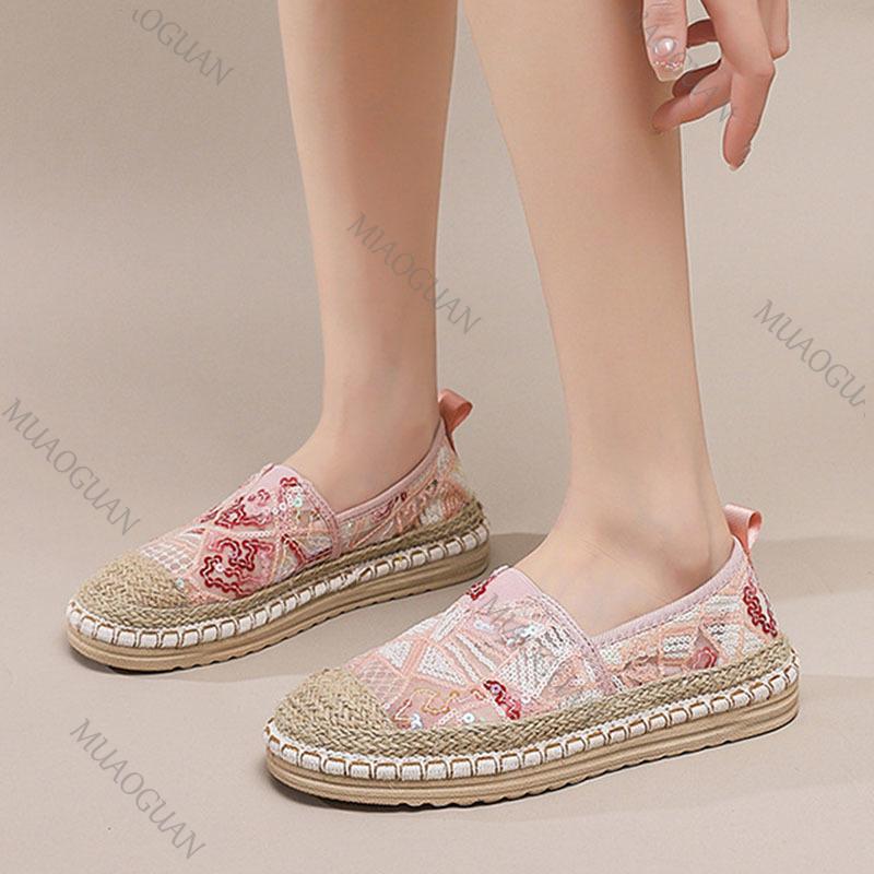 Fashion Lace Breathable Fashion Flats for Women Casual Slip On Spring Summer New Weaving Sequins Loafers Mixed Color Flat Single Shoes