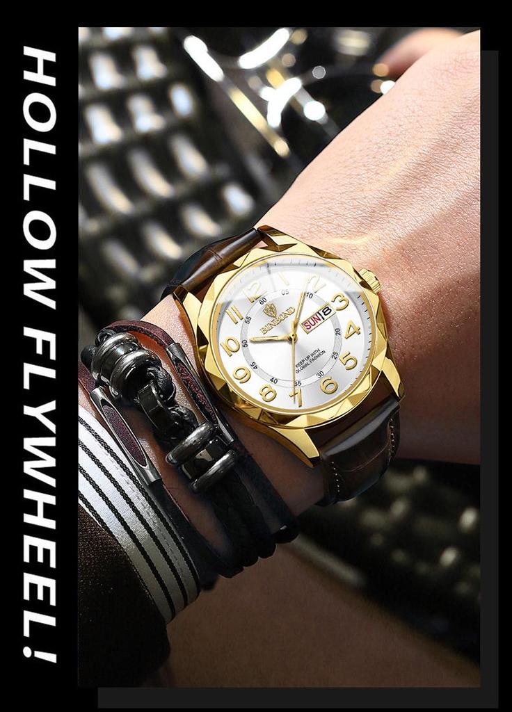 Binbang Ultra-thin Luminous Men's Quartz Watch - Automatic Movement, Waterproof with Calendar, Leather Strap, Business & Fashion Style.