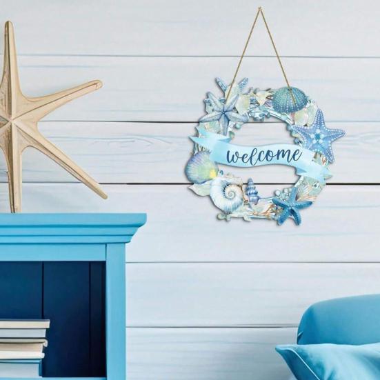 Panneau de Porte Étoile de Mer Coquillages Design Aquarelle Bois Décor Plage avec Corde de Suspension Imperméable Extérieur Intérieur Panneau Entrée Bord de Mer Accent Maison