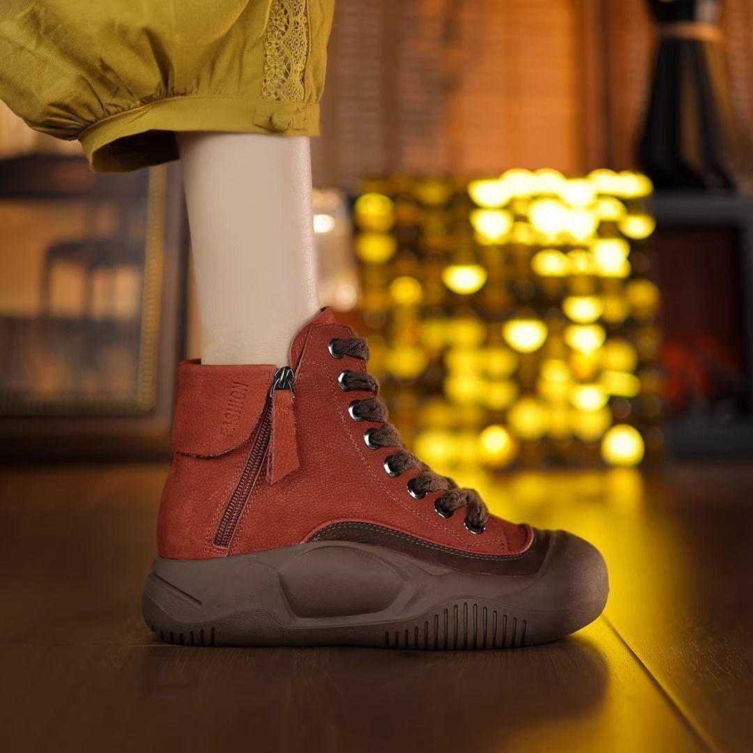 

Lightweight soft-soled soft-faced Martin boots autumn retro versatile high-top shoes velvet soft leather women s shoes 38 червоний