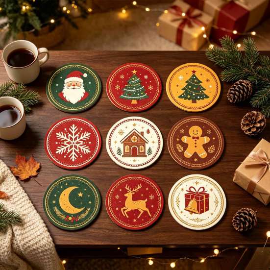 Christmas Wooden Coasters 9Pcs Set, Heat Resistant Cup Mats, Waterproof Non Slip Drink Round Table Protection Mats for Home Office Desk Accessories