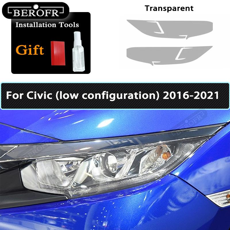 For Honda Civic 10th 2016- 19 TPU Car Headlight Film Protective Sticker Lamp Hoods Transparent Smoke Black Accessories