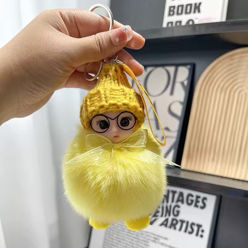 Cute Big Eyed Doll Pompom Keychain Fur Bag Pendant for Women Keyring  Accessories