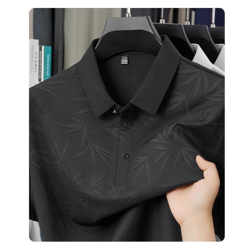 Men's Summer Grey Bamboo Leaf Print Polo Collar Short Sleeve Shirt