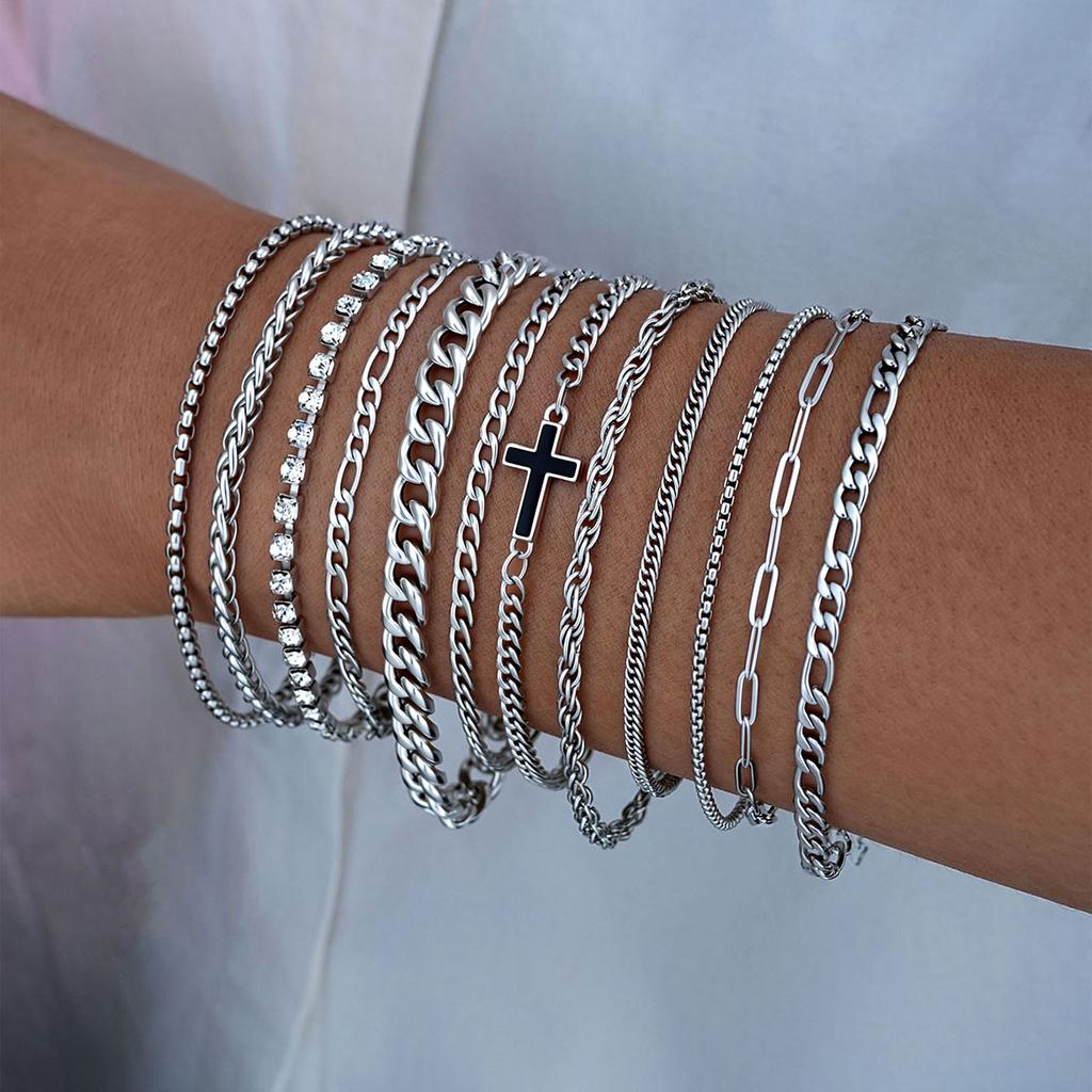 12Pcs/Set Silver Color Simple Stylish Punk Hip-Hop Stainless Steel Cross Rhinestones Chain Bracelet Set for Men Women Jewelry
