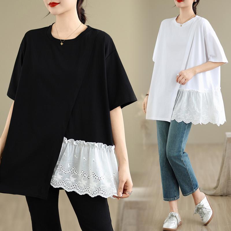 DIMANAF 2025 Summer Plus Size Lace Spliced Oversized T-Shirt Women Loose Tops Tees Casual New Shirt