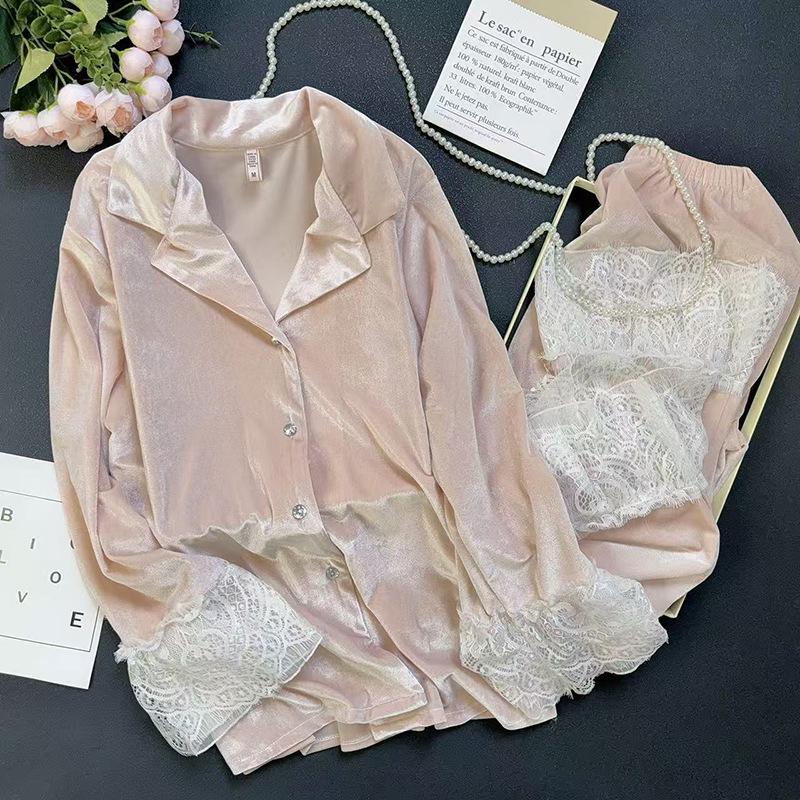 

2025 Золотой велюровый пижамный комплект с кружевной отделкой для женщин - Элегантный кардиган, длинные рукава и брюки XL розовый