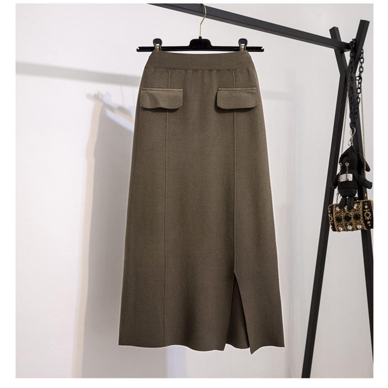 Designový rozparek Elastický pas Pletená sukně pro ženy V zimě Velká velikost Tlustá Mm Vysoký pas Zeštíhlující Rovná Midi sukně