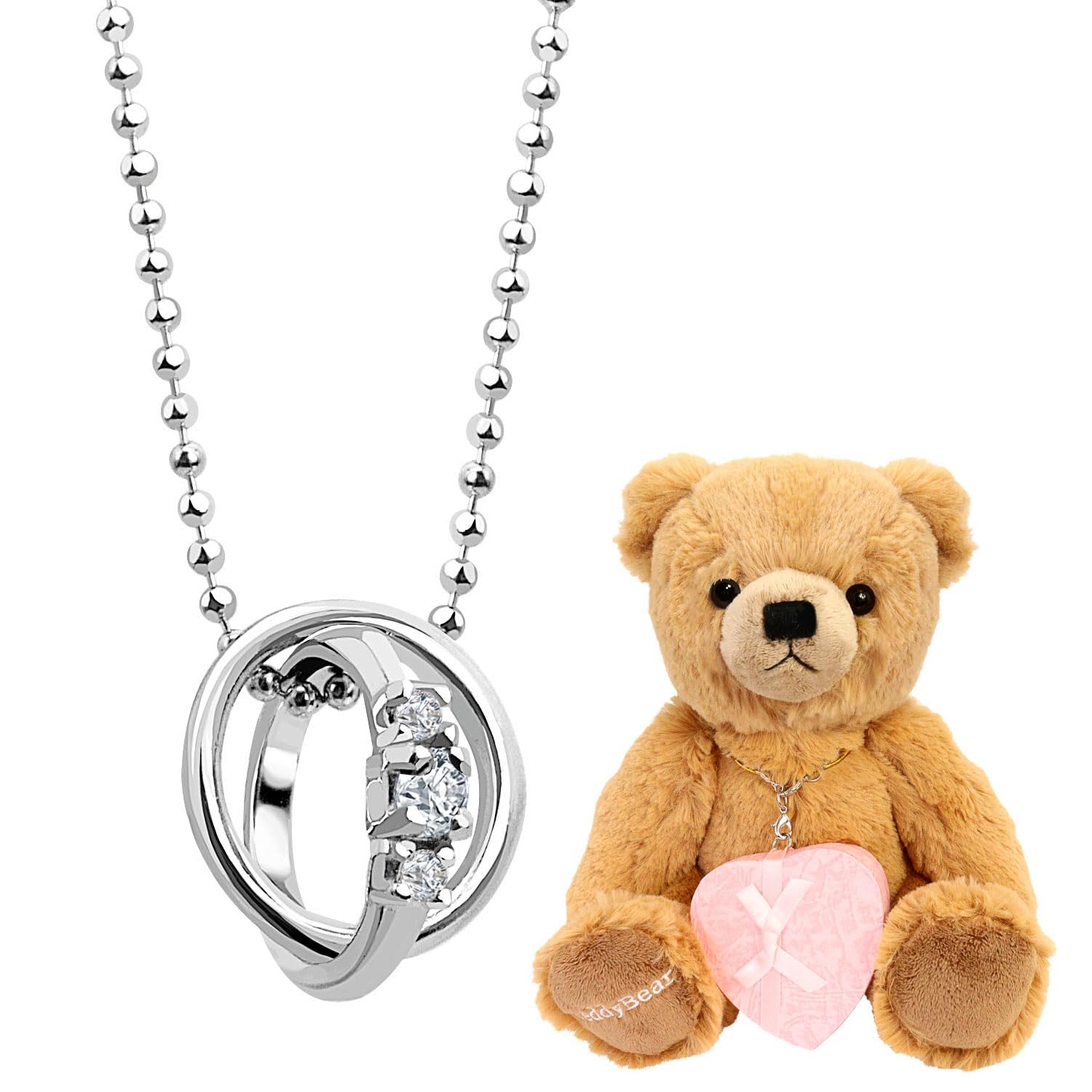 

Двойное кольцо на колье с бриллиантами x камнями рождения, серебро, коричневый плюшевый мишка, мартовский аквамарин [Sears], женская dr-66-tdt-01-b03