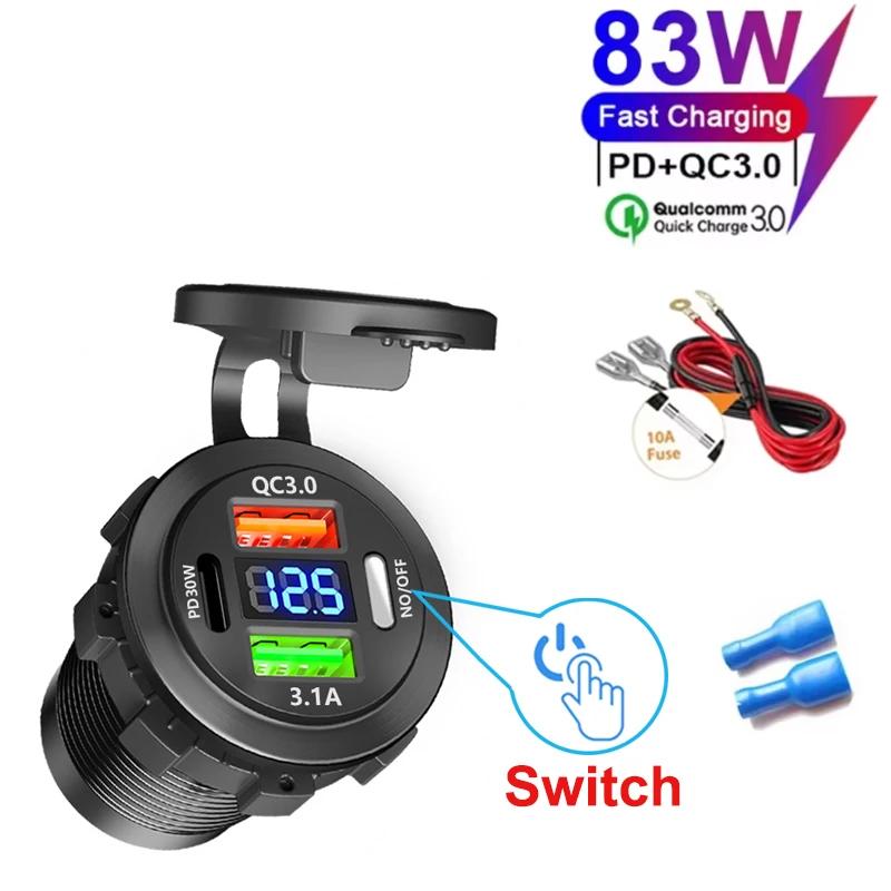 3 Ports Quick Charge Dual PD & QC 3.0 83W Car Charger Outlet Socket with Switch For 12V 24V Motorcycle Boat Marine Truck ATV