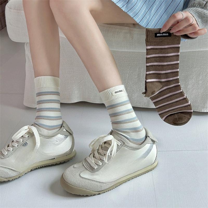 Gestreifte Stoffetikett Socken, Damen Mittelschaftsocken, Trendige Reine Baumwolle Frühling und Herbst Color-Blocked Socken, Winter Frottee Lange Socken