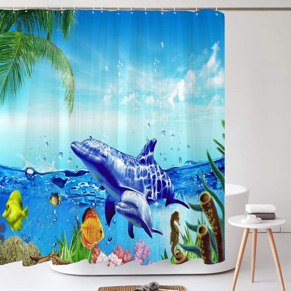 1PC Dolphin Shower Curtain Blue Ocean Biological Polyester Fabric Children's Ocean Theme Bathroom Decoration Shower Curtains