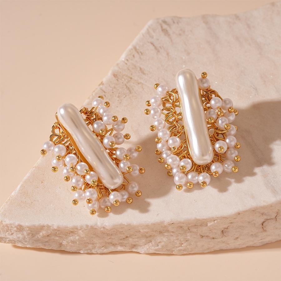 French Vintage Imitation Pearl Irregular Geometric Silver Needle Earrings