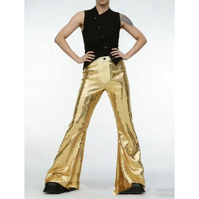 Men Sequin Flared Pants & Stand Collar Sleeveless Shirt