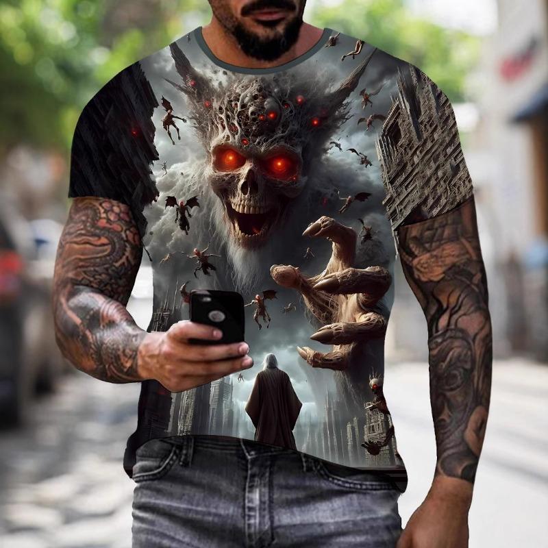 Mens Summer Clothing 3D Printed Skull Graphic T Shirts Round Neck Short Sleeved