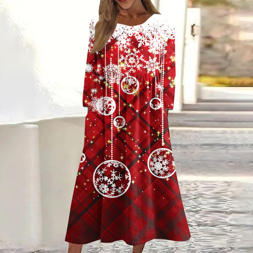 Dámské ležérní midi šaty s kulatým výstřihem a vánočním potiskem, s dlouhým rukávem a kapsou