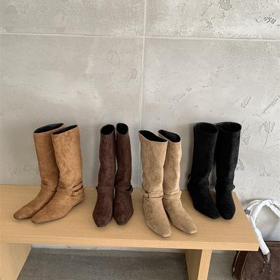Titing Autumn Mocha! Spice Girls Suede Pointed Button Pile Boots Women's Autumn Korean Edition Skinny Thick Heel Boots