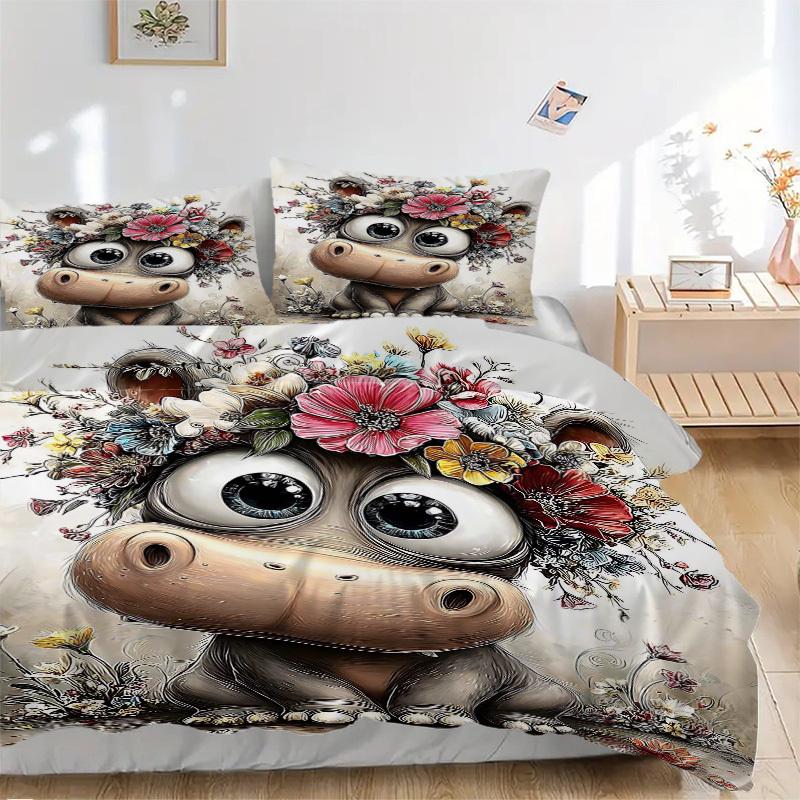3pcs Anime Hippo Floral Bedding Set - Includes One Quilt Cover and Two Pillowcases (No Core) - Polyester Fabric, Perfect for Bedroom and Gue