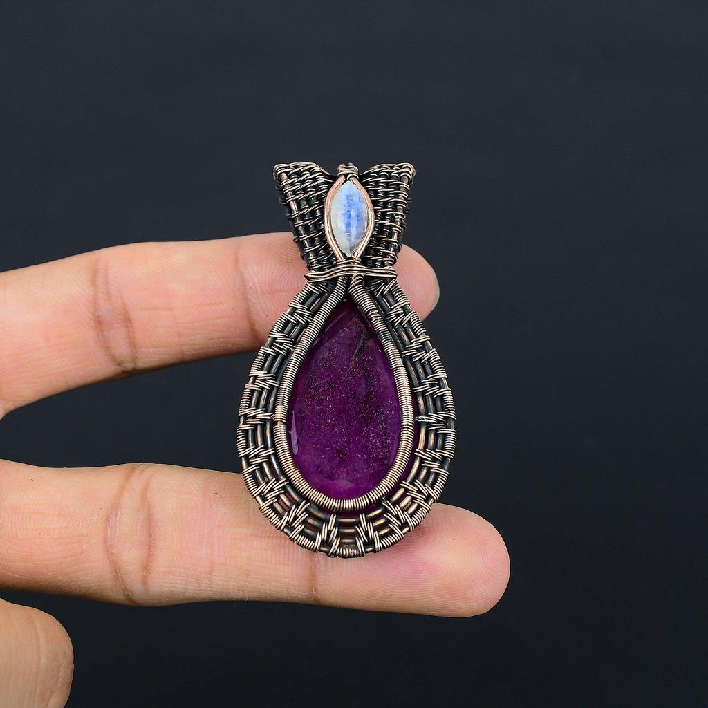 Ruby & Moonstone Pendant Gemstone Jewelry, 999 Copper Wire Wrapped Handmade Pendant, Latest Design Jewelry