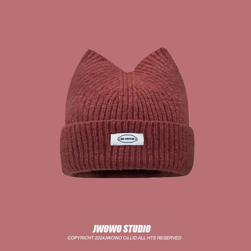 

Knitted Cat Ear Letter Beanie Hat For Women Winter Warmth Casual Style червоний