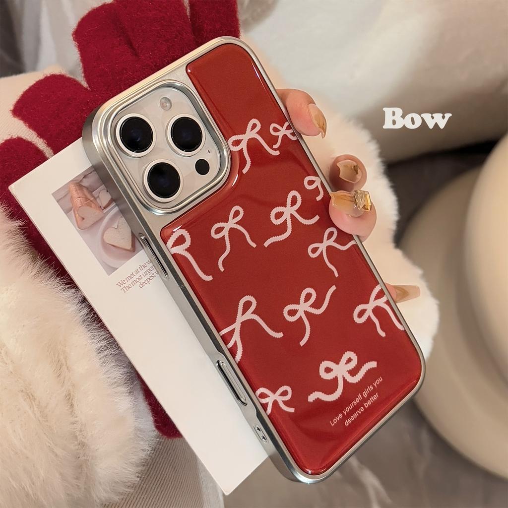 Wine Red Retro Iphone16 Suitable for Apple 15 Promax Mobile Phone Case 13 Red Bow 14 Drop Glue Huawei