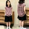 Trendy Girls' Colorblock Striped Vest & Sleeveless Top Set – Korean Style for Summer