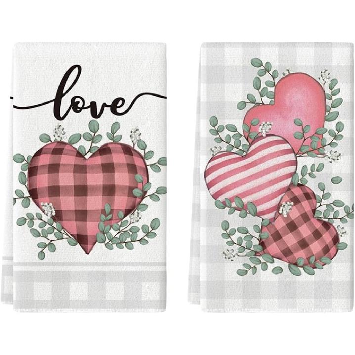 Artoid Mode Red Buffalo Plaid Heart Love Valentine's Kitchen Towels Dish Towels, 18x26 Inch Anniversary Wedding Decoration Hand Towels Set of 2