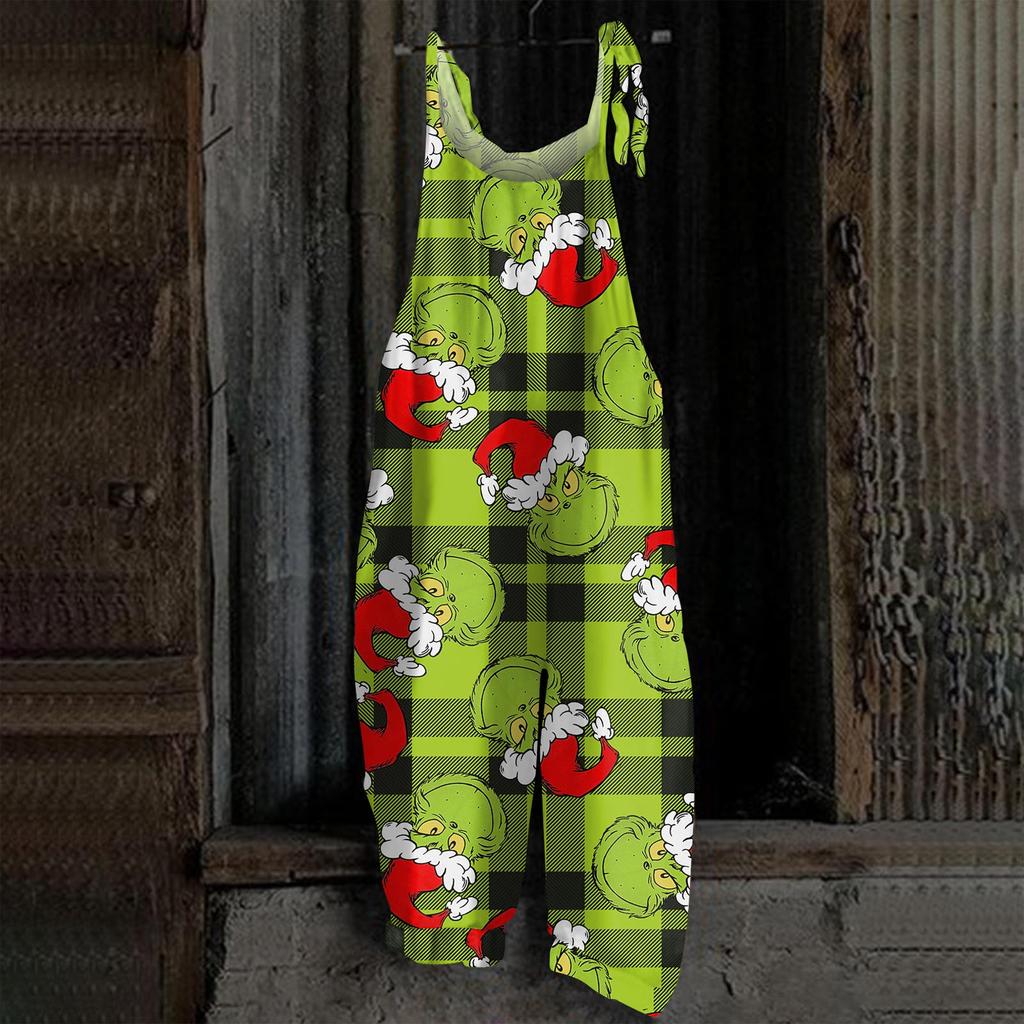 Damski kombinezon z nadrukiem Halloweenowym, casualowy, luźny, vintage, na ramiączkach, bawełniano-lniany