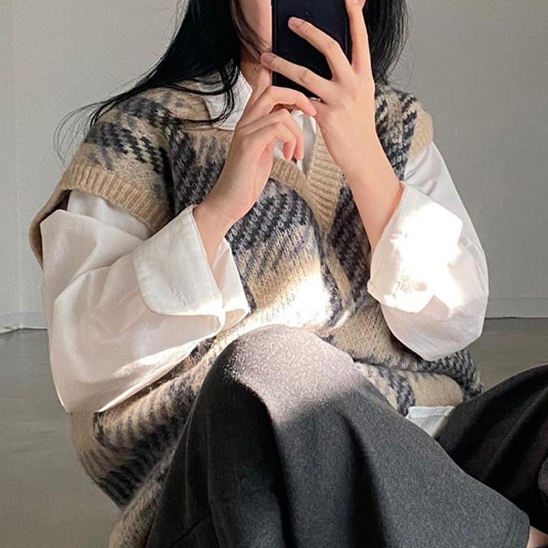 

Модный женский вязаный пуловер-жилет с V-образным вырезом, в клетку, осенний, свободный, повседневный, офисный, майка без рукавов, простой жилет one size хаки