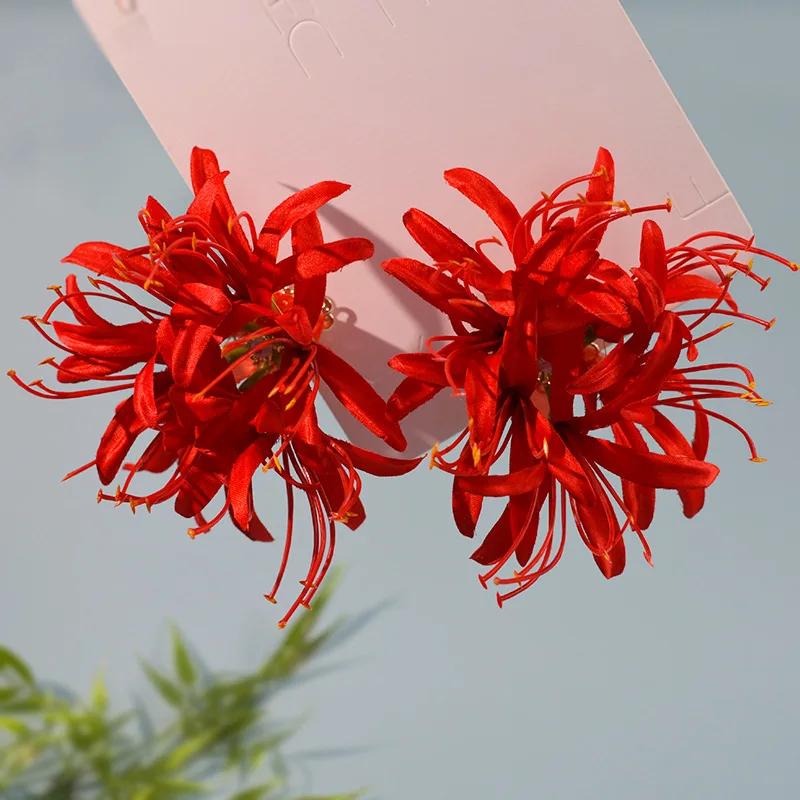 Chinese Hanfu Hair Accessories Red Flower Long Tassels Hair Clip Hairpins Barrettes Vintage Dress Accessories Headwear Jewelry