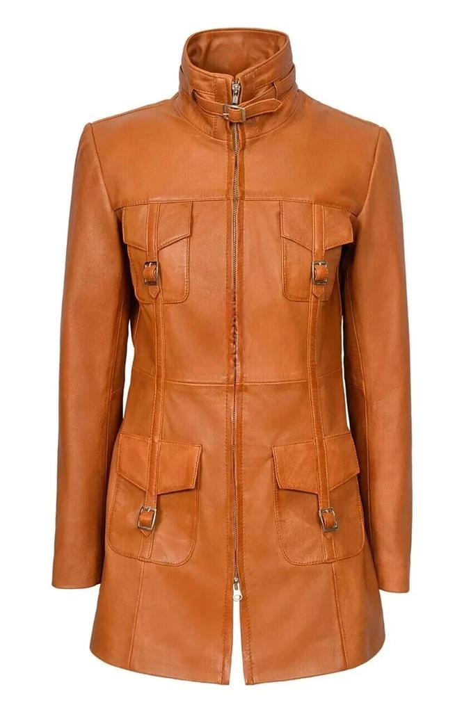 Lambskin Genuine Stylish Casual Fit Soft Women Trench Coat Stylish Tan Handmade Leather Lambskin Genuine Designer Soft