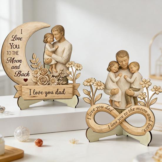 Wooden Ornament with Stable Base, Father Day Wooden Ornament, Decorative Resin Sculpture Family Love Decor for Desktop Bookshelf