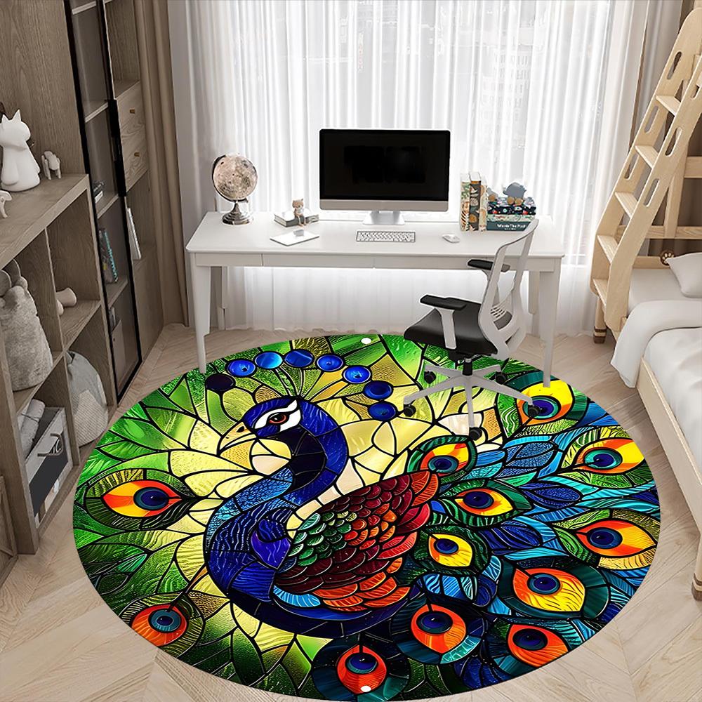 1pc Peacock StainedGlass Office Round Area Rug, Under Office Chairs Bedroom Living Room Home Decor, Room Deco